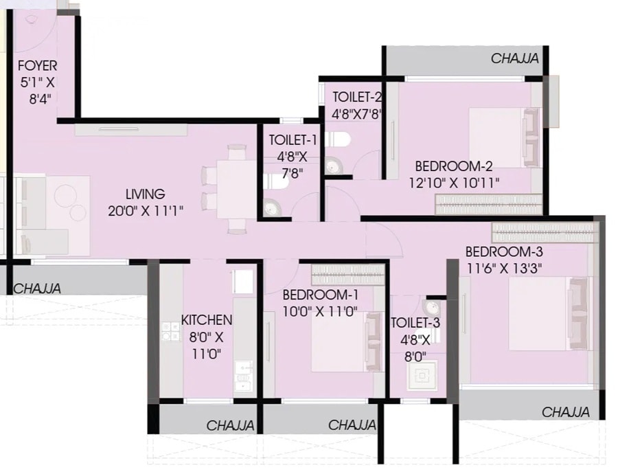 3 BHK 849 Sq. Ft. Apartment