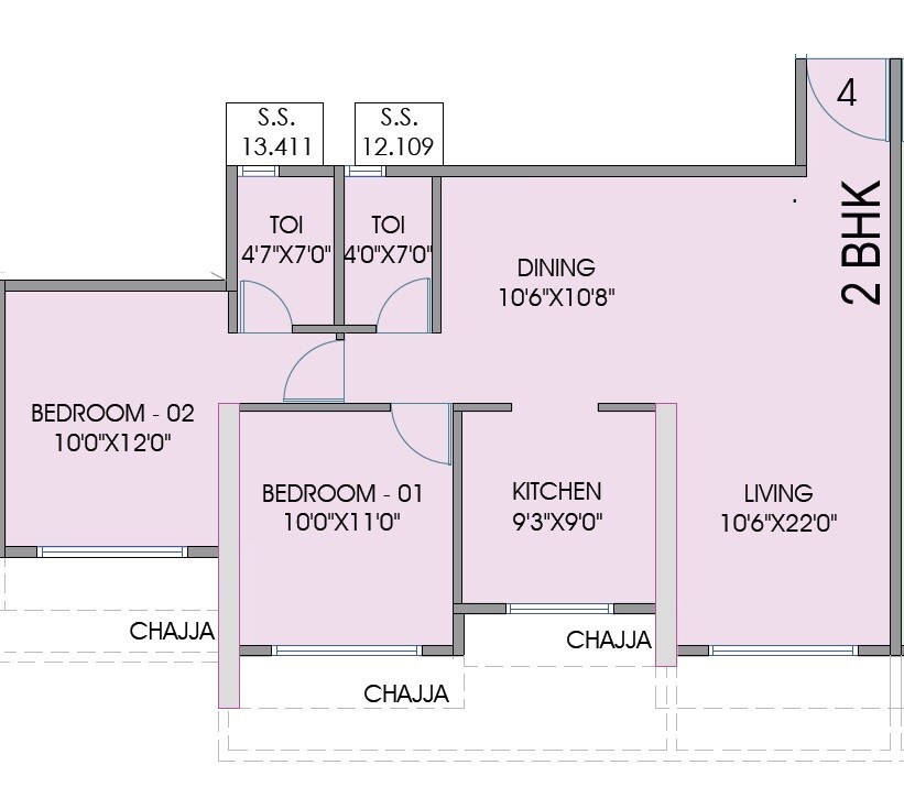 Floor plan of 2 BHK 858 Sq. Ft. Apartment in Gami Bianca, Navi Mumbai