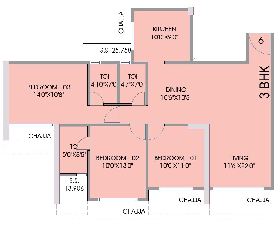 Floor plan of 3 BHK 1196 Sq. Ft. Apartment in Gami Bianca, Navi Mumbai