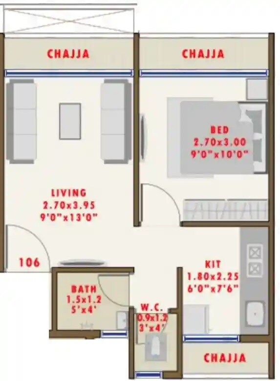 Floor plan of 1 BHK 268 Sq. Ft. Apartment in Gami Elenza, Navi Mumbai