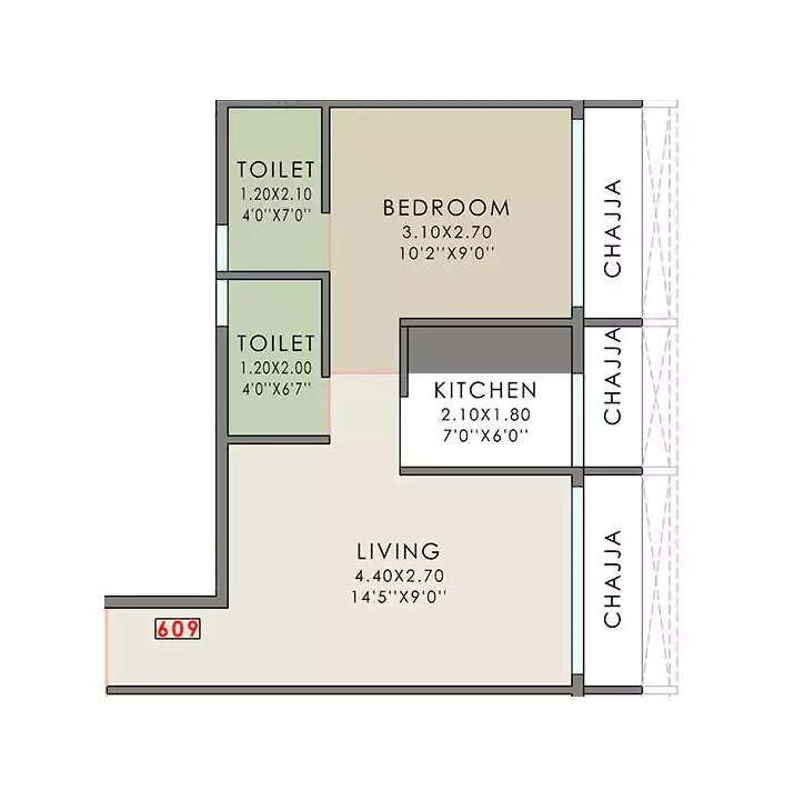 Floor plan of 1 BHK 425 Sq. Ft. Apartment in Gami Erica, Navi Mumbai