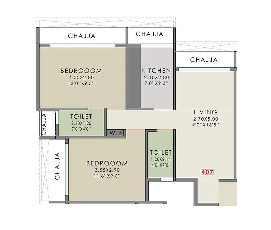 Floor plan of 2 BHK 660 Sq. Ft. Apartment in Gami Erica, Navi Mumbai