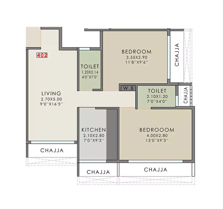 Floor plan of 2 BHK 670 Sq. Ft. Apartment in Gami Erica, Navi Mumbai