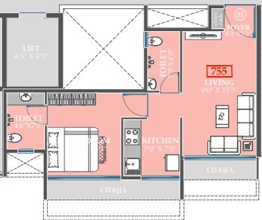 Floor plan of 1 BHK 382 Sq. Ft. Apartment in Gami Mirava, Navi Mumbai
