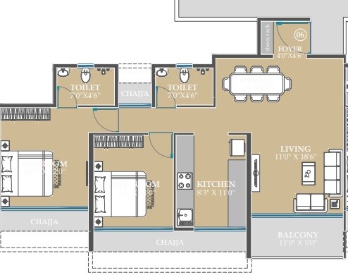 Floor plan of 2 BHK 543 Sq. Ft. Apartment in Gami Mirava, Navi Mumbai