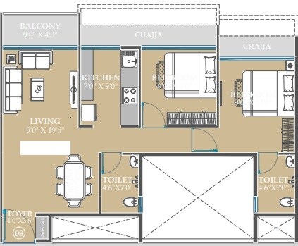 Floor plan of 2 BHK 780 Sq. Ft. Apartment in Gami Mirava, Navi Mumbai