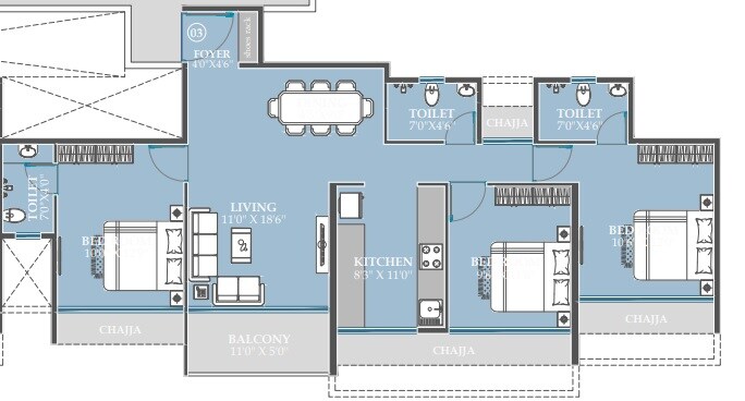 3 BHK 944 Sq. Ft. Apartment