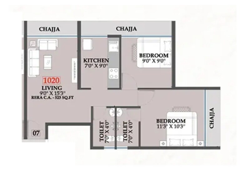 2 BHK 522 Sq. Ft. Apartment