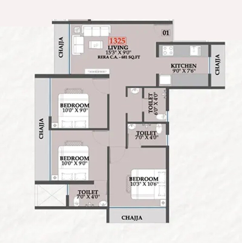 3 BHK 679 Sq. Ft. Apartment