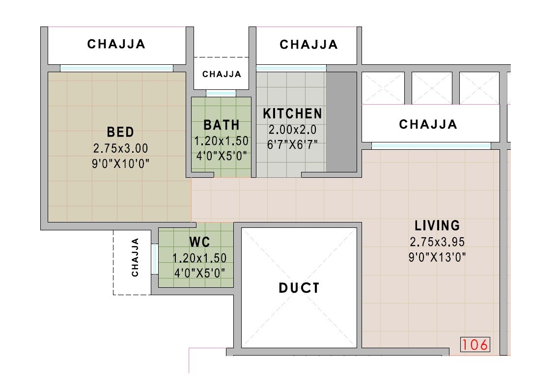 Floor plan of 1 BHK 336 Sq. Ft. Apartment in Gami Solitaire, Navi Mumbai