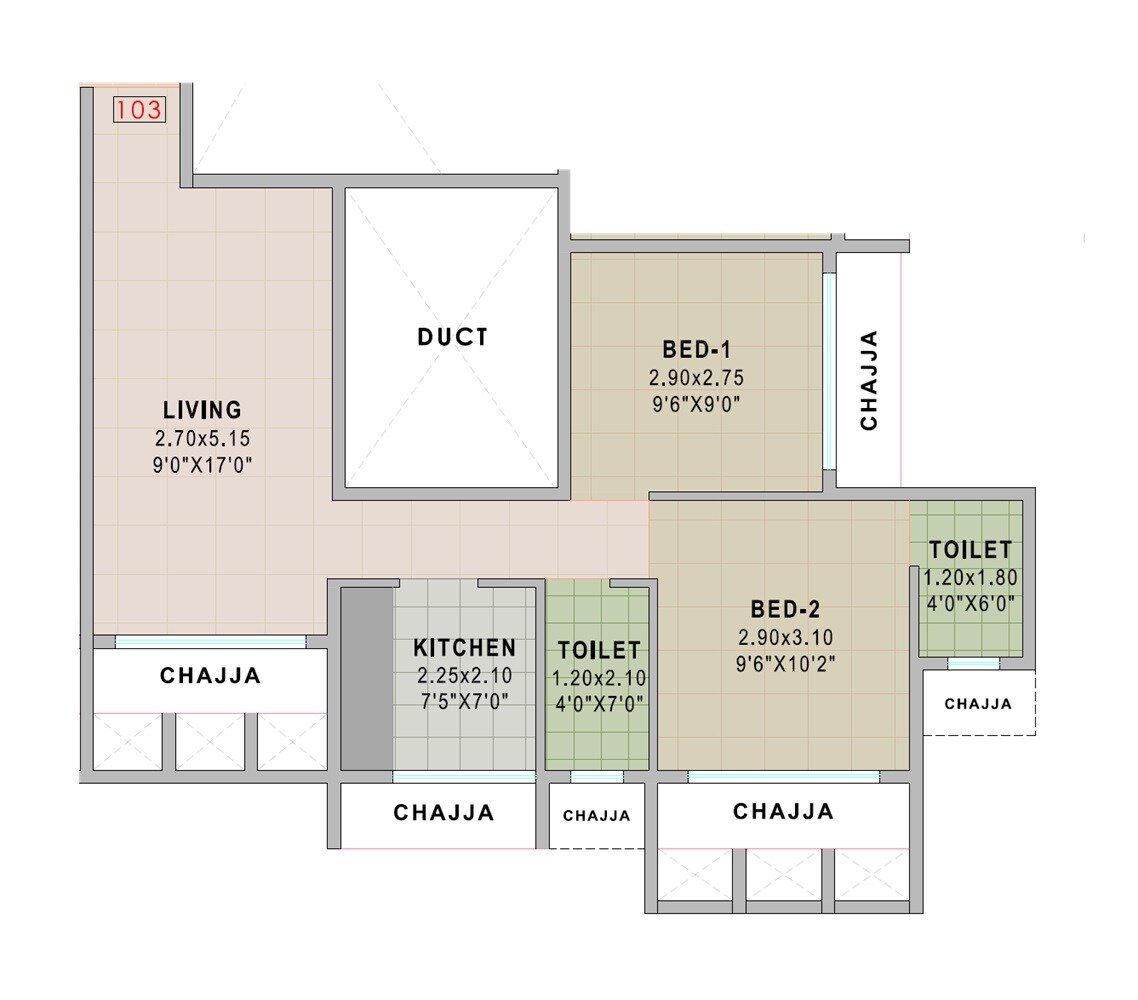 Floor plan of 2 BHK 499 Sq. Ft. Apartment in Gami Solitaire, Navi Mumbai