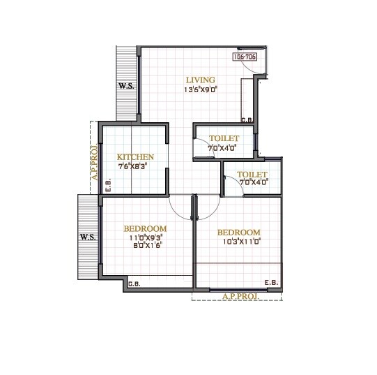Floor plan of 2 BHK 601 Sq. Ft. Apartment in Gami Teesta, Navi Mumbai