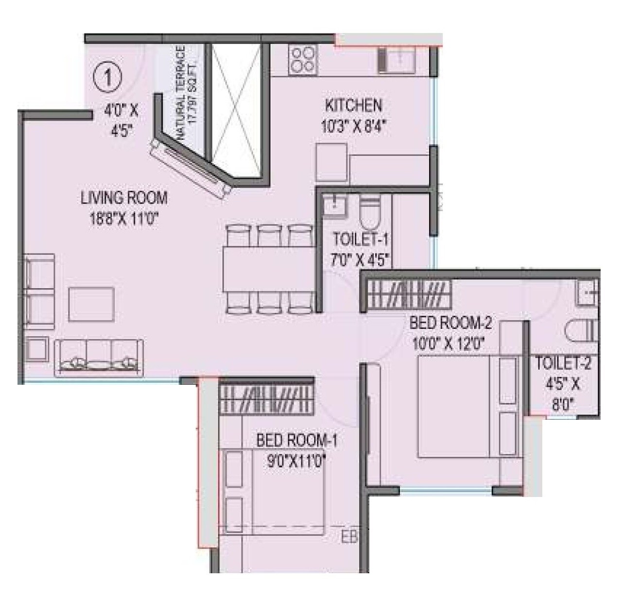 Floor plan of 2 BHK 603 Sq. Ft. Apartment in Gami Terra, Navi Mumbai