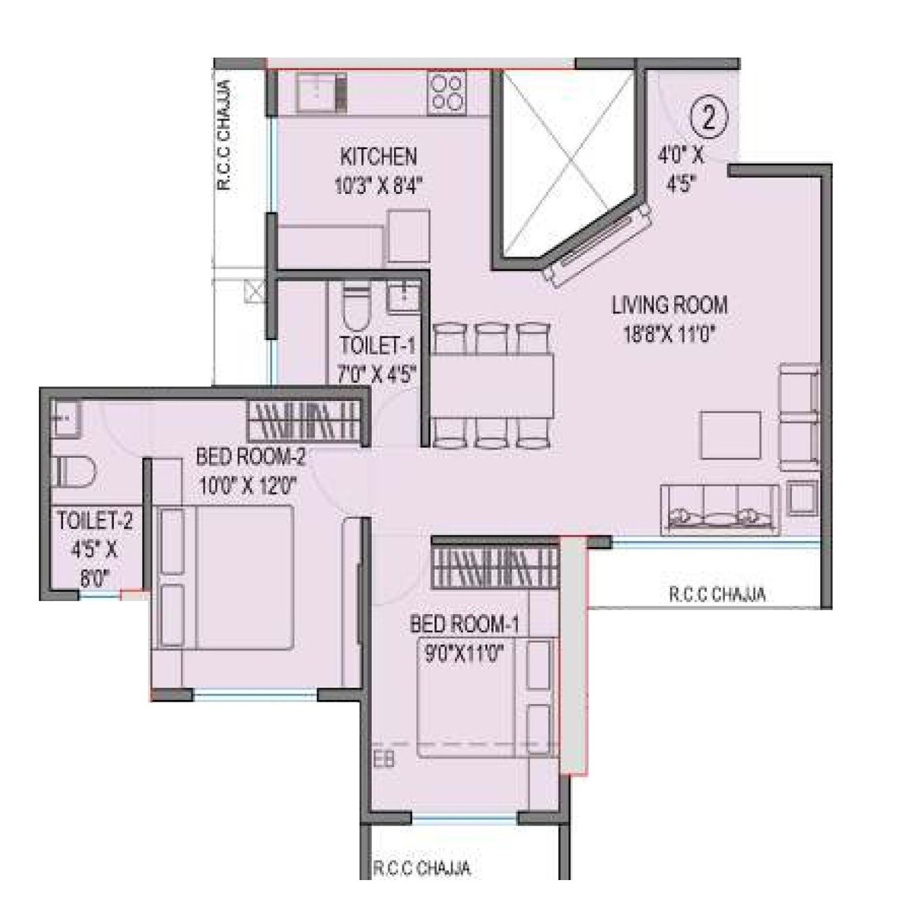 Floor plan of 2 BHK 750 Sq. Ft. Apartment in Gami Terra, Navi Mumbai