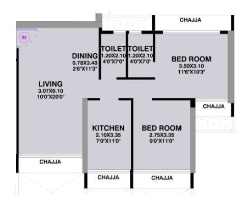 Floor plan of 2 BHK 610 Sq. Ft. Apartment in Gami Ved, Navi Mumbai