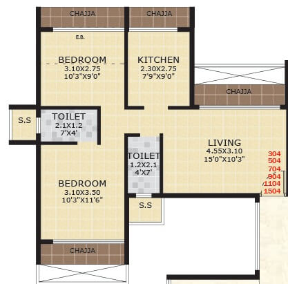 Floor plan of 2 BHK 430 Sq. Ft. Apartment in Gami Viona, Navi Mumbai