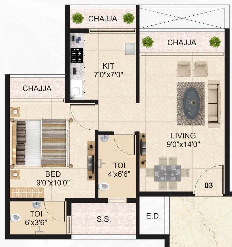 Floor plan of 1 BHK 450 Sq. Ft. Apartment in Ganushet Keni Heritage, Navi Mumbai