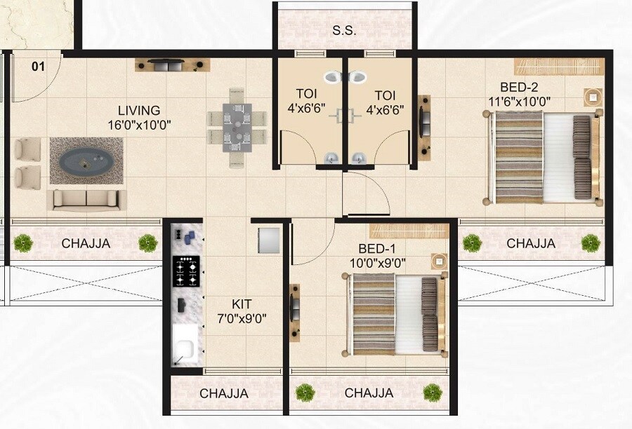 Floor plan of 2 BHK 650 Sq. Ft. Apartment in Ganushet Keni Heritage, Navi Mumbai