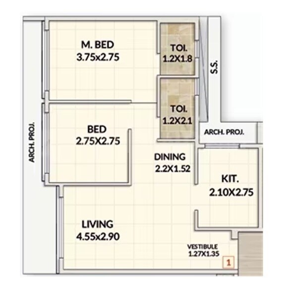 Floor plan of 2 BHK 636 Sq. Ft. Apartment in Garg Sky, Navi Mumbai