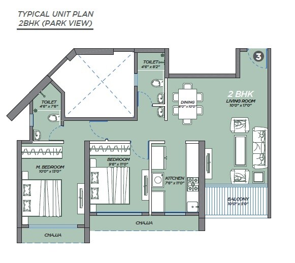 Floor plan of 2 BHK 732 Sq. Ft. Apartment in GeeCee Emerald, Navi Mumbai