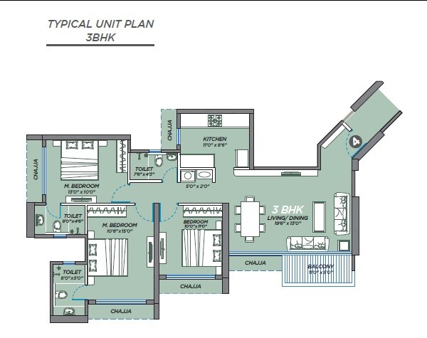 Floor plan of 3 BHK 991 Sq. Ft. Apartment in GeeCee Emerald, Navi Mumbai