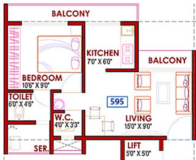 Floor plan of 1 BHK 595 Sq. Ft. Apartment in GHP Casa, Navi Mumbai