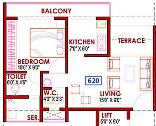Floor plan of 1 BHK 620 Sq. Ft. Apartment in GHP Casa, Navi Mumbai