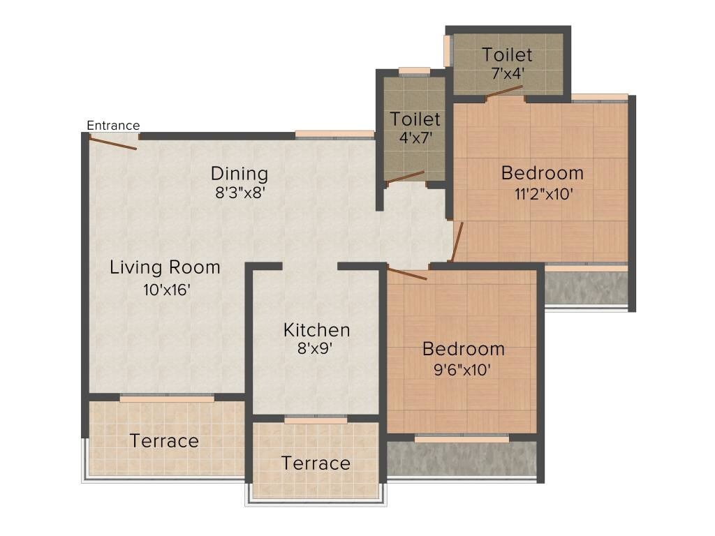 Floor plan of 2 BHK 1175 Sq. Ft. Apartment in Giriraj Patil Residency, Navi Mumbai