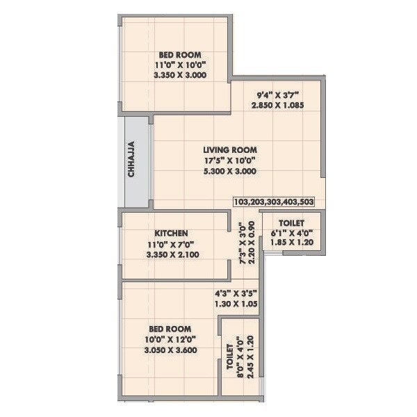 Floor plan of 2 BHK 635 Sq. Ft. Apartment in GK Mangalmurti, Navi Mumbai