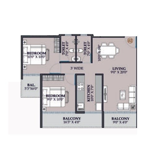 Floor plan of 2 BHK 564 Sq. Ft. Apartment in Gloria Greens, Navi Mumbai