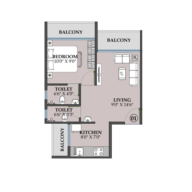 Floor plan of 1 BHK 305 Sq. Ft. Apartment in GNM Kuber Heritage, Navi Mumbai