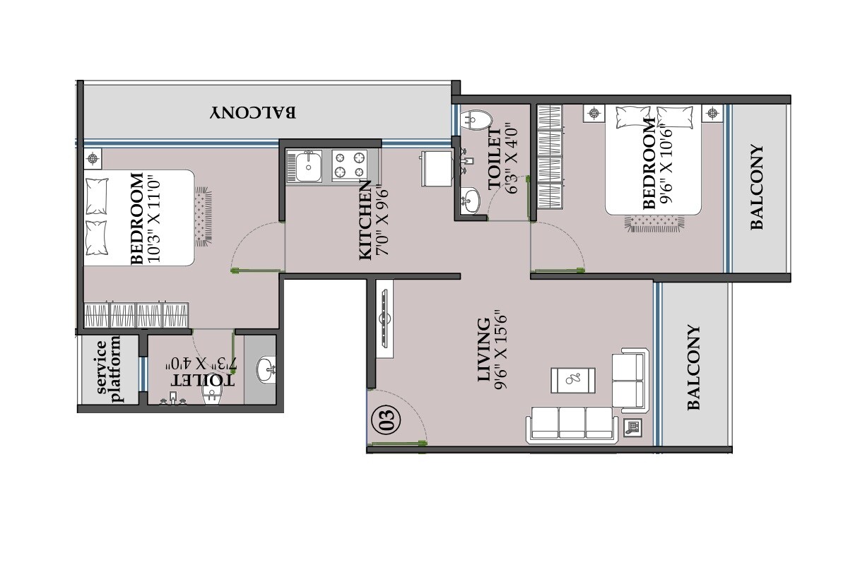 Floor plan of 2 BHK 409 Sq. Ft. Apartment in GNM Kuber Heritage, Navi Mumbai