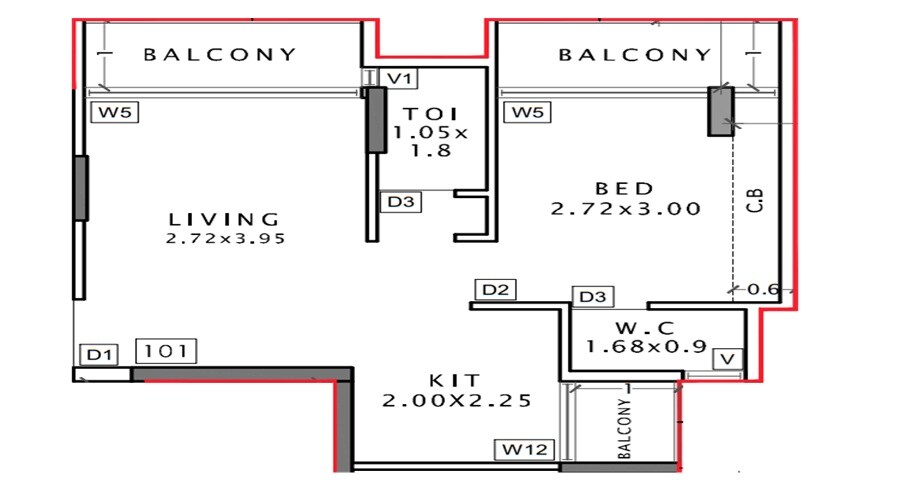 Floor plan of 1 BHK 304 Sq. Ft. Apartment in GNS Shree Smran, Navi Mumbai