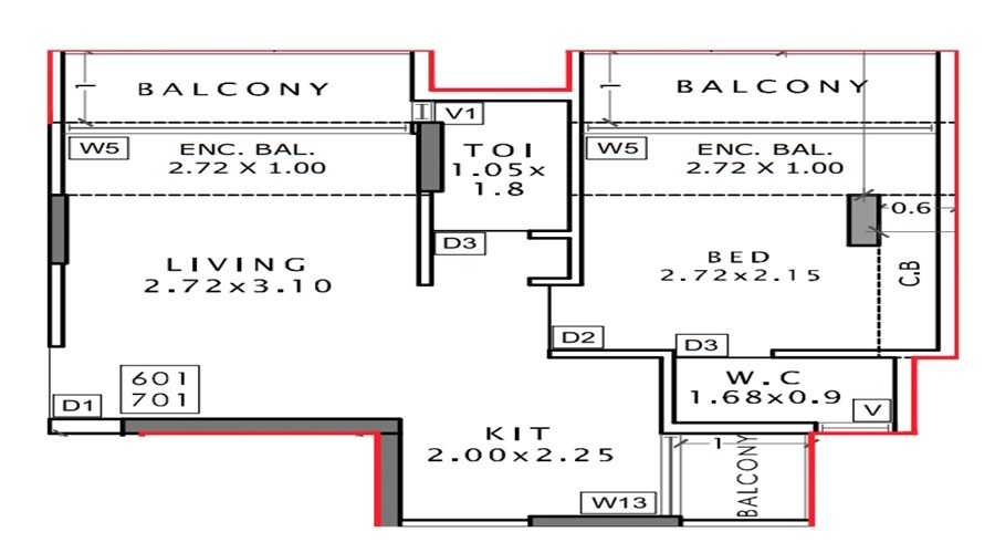Floor plan of 1 BHK 431 Sq. Ft. Apartment in GNS Shree Smran, Navi Mumbai