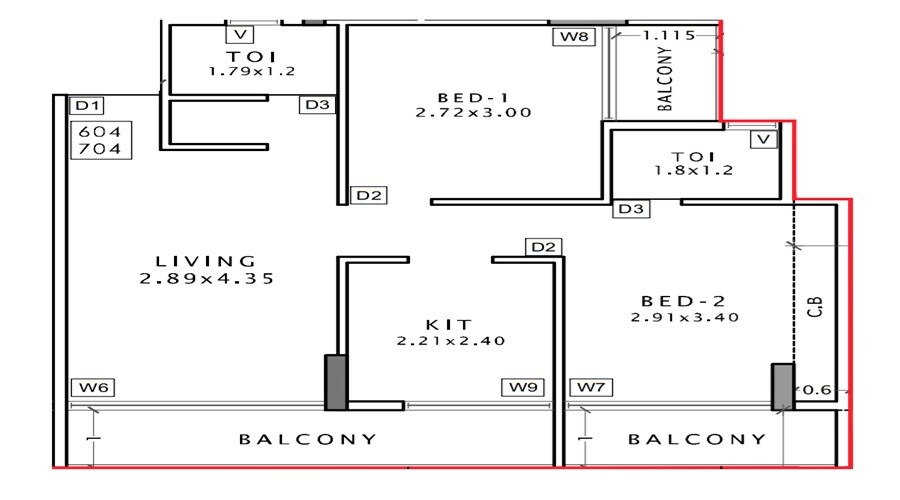 Floor plan of 2 BHK 652 Sq. Ft. Apartment in GNS Shree Smran, Navi Mumbai