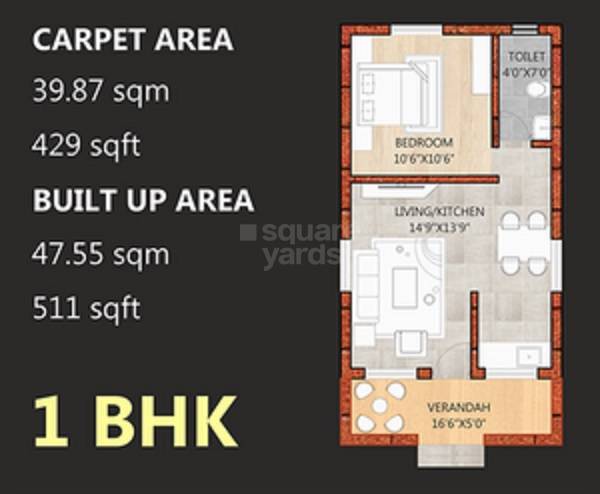 Floor plan of 1 BHK 429 Sq. Ft. Apartment in Goka Gold Valley Konkan, Navi Mumbai