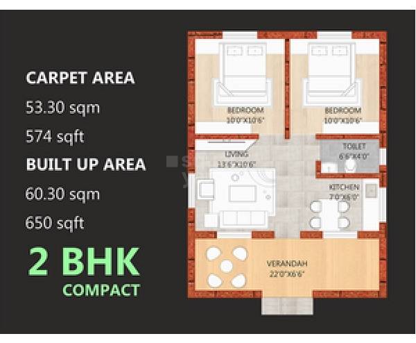 Floor plan of 2 BHK 574 Sq. Ft. Apartment in Goka Gold Valley Konkan, Navi Mumbai