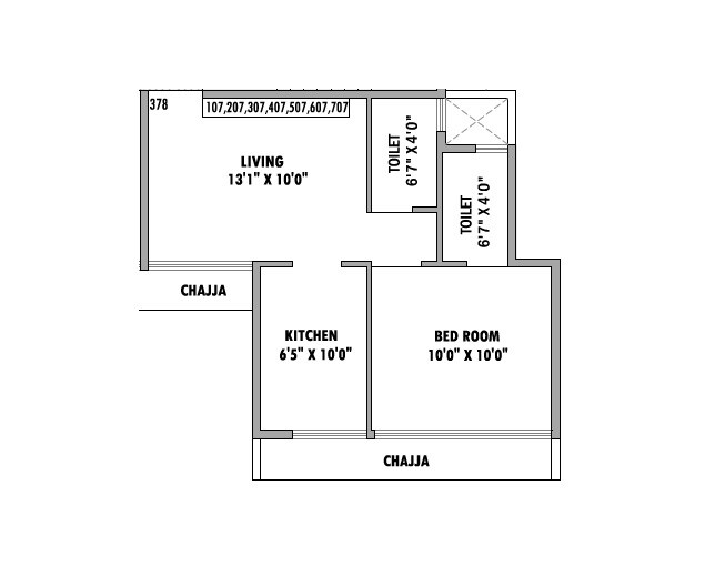 Floor plan of 1 BHK 398 Sq. Ft. Apartment in Gokuldham Apartments, Navi Mumbai