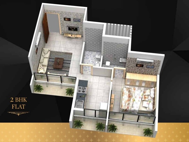 Floor plan of 2 BHK 515 Sq. Ft. Apartment in Golden Corniche, Navi Mumbai
