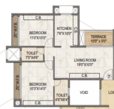Floor plan of 2 BHK 397 Sq. Ft. Apartment in Goodwill Unity, Navi Mumbai