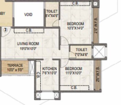 Floor plan of 2 BHK 473 Sq. Ft. Apartment in Goodwill Unity, Navi Mumbai