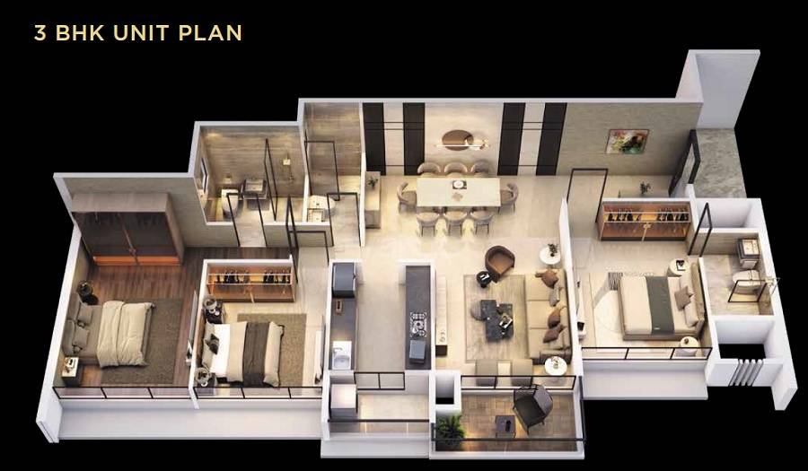 Floor plan of 3 BHK 1169 Sq. Ft. Apartment in Goodwill Wisteria, Navi Mumbai