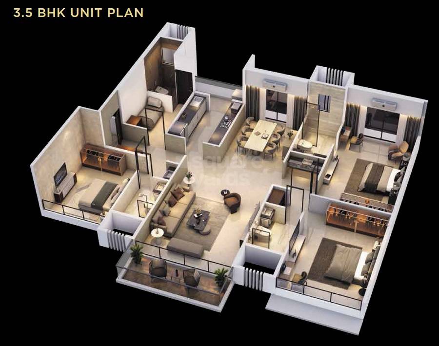 Floor plan of 3 BHK 1605 Sq. Ft. Apartment in Goodwill Wisteria, Navi Mumbai