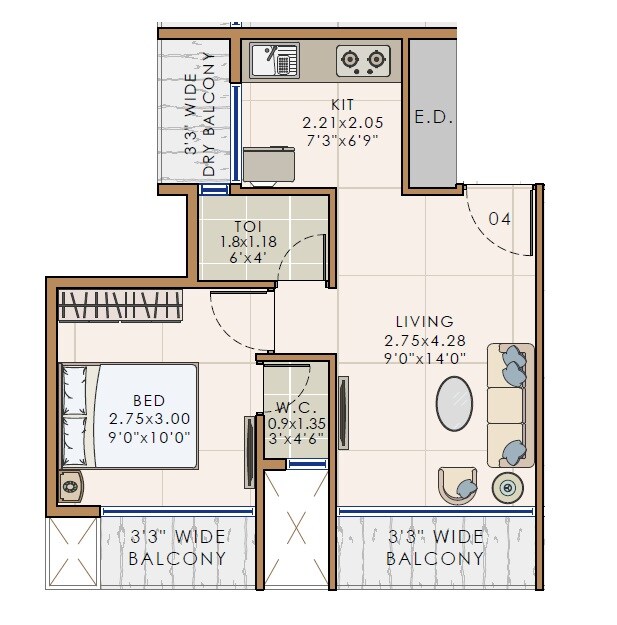 Floor plan of 1 BHK 306 Sq. Ft. Apartment in Greystone Balaji Archstone, Navi Mumbai