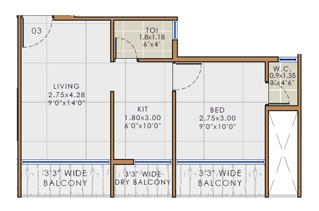 Floor plan of 1 BHK 322 Sq. Ft. Apartment in Greystone Balaji Archstone, Navi Mumbai
