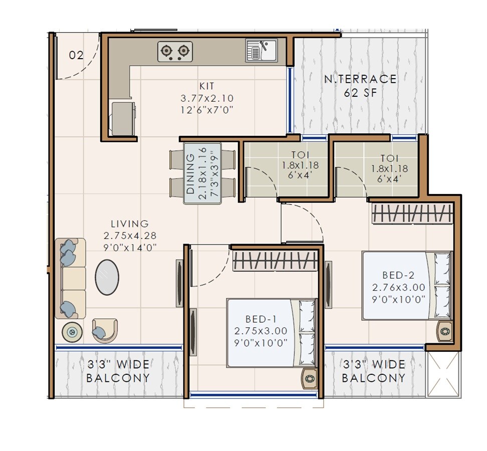 Floor plan of 2 BHK 487 Sq. Ft. Apartment in Greystone Balaji Archstone, Navi Mumbai