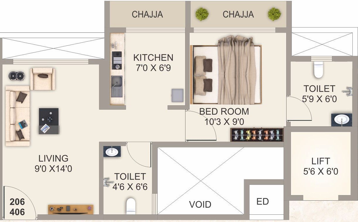 Floor plan of 1 BHK 323 Sq. Ft. Apartment in GRK Aryan Corner, Navi Mumbai