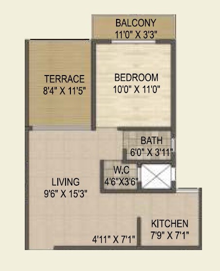 Floor plan of 1 BHK 412 Sq. Ft. Apartment in Groupco Malaga, Navi Mumbai