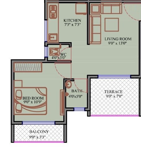 Floor plan of 1 BHK 331 Sq. Ft. Apartment in Grow Future Hills, Navi Mumbai