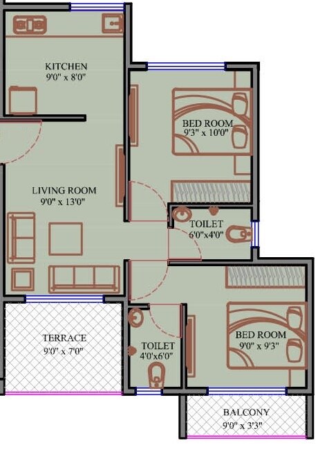 Floor plan of 2 BHK 456 Sq. Ft. Apartment in Grow Future Hills, Navi Mumbai